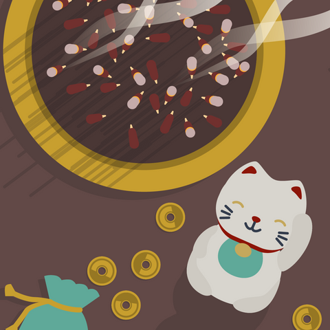 Overhead illustrated view of a bowl of many upright burning incense sticks next to gold coins, a small pouch with a drawstring, and a white waving good luck kitty statue against a burgundy pink background. 