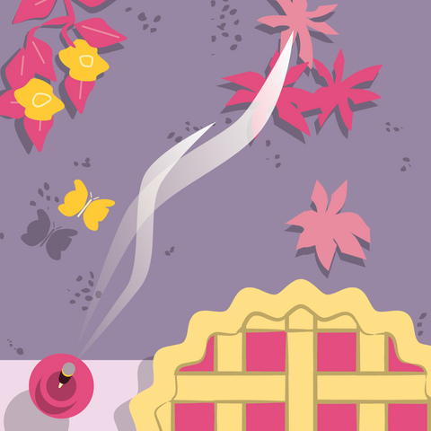 Overhead illustrated view of a lattice pie cooling on a windowsill next to an upright burning incense stick. The ground below the windowsill is purple-grey with yellow and pink flowers and a yellow butterfly. 
