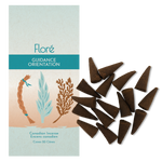 Image of Flore Canadian Incense Guidance package, featuring a braid of sweetgrass, a bow of cedar and a sprig of sage. There are 20 incense cones splayed beside it as every package contains 20 incense cones