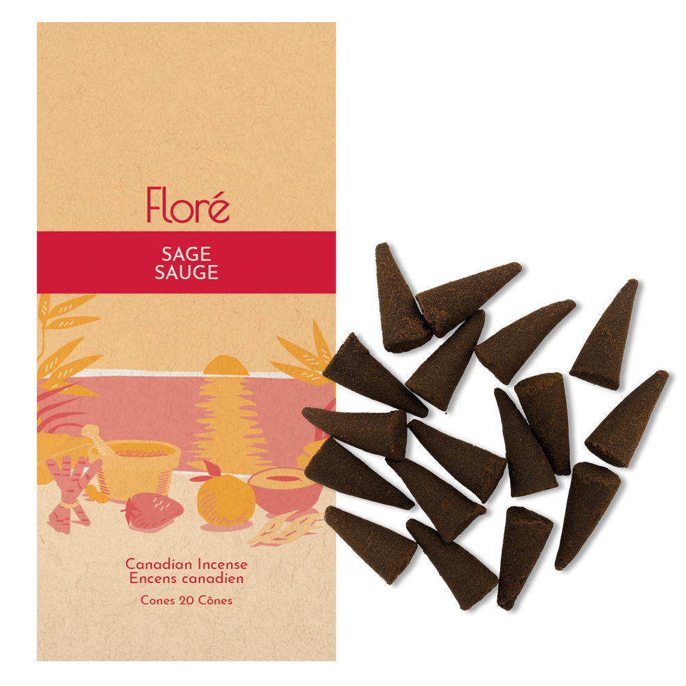 Image of Flore Canadian Incense Sage package, featuring a strawberry, orange, cinnamon stick, mortar and pestle on a warm beach. There are 20 incense cones splayed beside it as every package contains 20 incense cones.