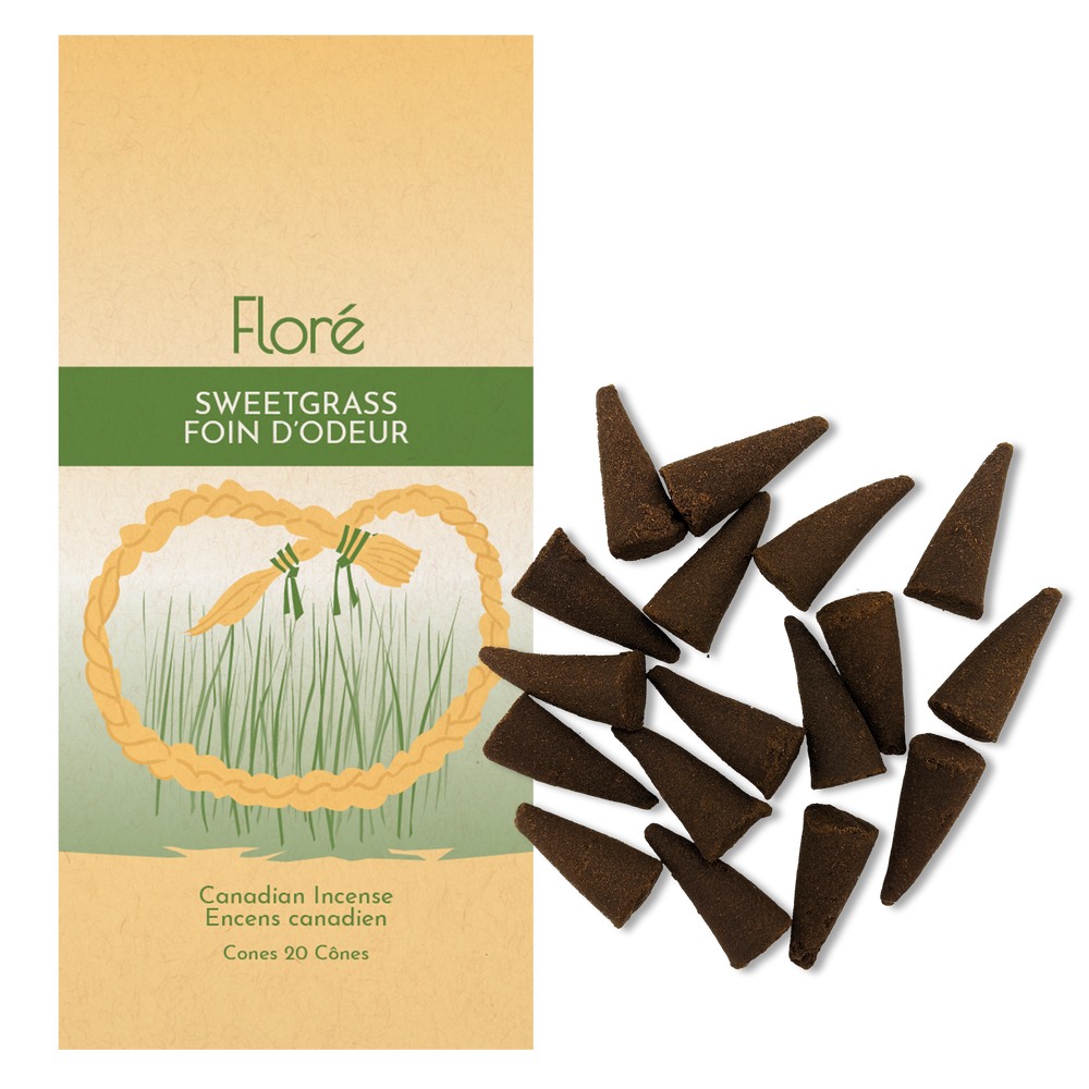 Image of Flore Canadian Incense Sweetgrass package, featuring a braid of sweetgrass in the green grass. There are 20 incense cones splayed beside it as every package contains 20 incense cones.