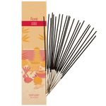 Image of Flore Canadian Incense Amber package, featuring a strawberry, orange, cinnamon stick, mortar and pestle on a warm beach. There are 20 incense sticks splayed beside it as every package contains 20 incense sticks