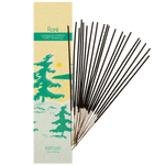 Image of Flore Canadian Incense Candian Forest package, featuring green pine trees on a golden lake with a yellow sun. There are 20 incense sticks splayed beside it as every package contains 20 incense sticks. 