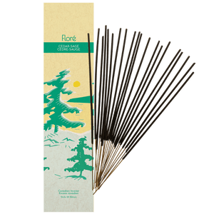 Flore Canadian Incense Cedar-Sage green pine trees on golden lake with yellow sun 20 sticks package