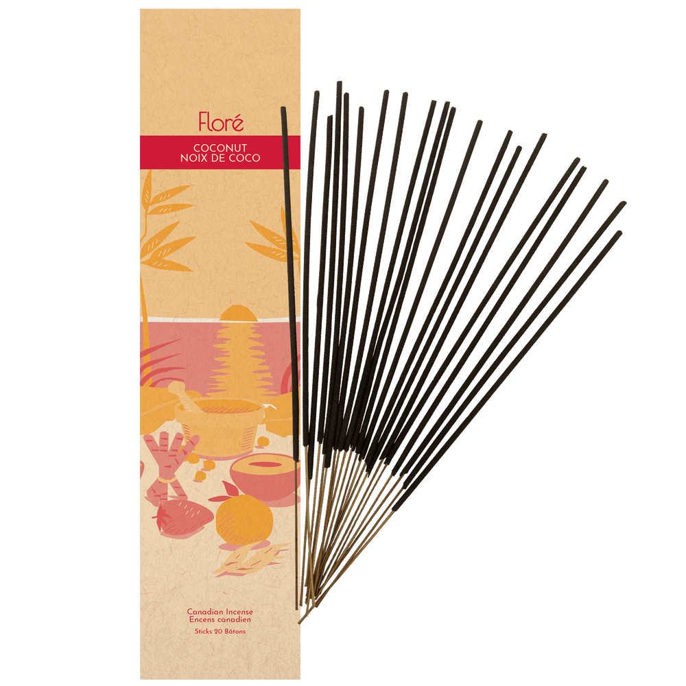 Image of Flore Canadian Incense Coconut package, featuring a strawberry, orange, cinnamon stick, mortar and pestle on a warm beach. There are 20 incense sticks splayed beside it as every package contains 20 incense sticks