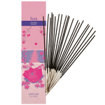 Image of Flore Canadian Incense Jasmine package, featuring a prominent rose flower on a beach with smaller flowers around it.There are 20 incense sticks splayed beside it as every package contains 20 incense sticks. 