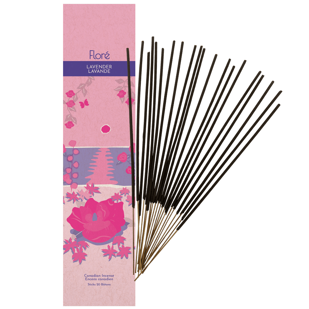 Image of Flore Canadian Incense Lavender package, featuring a prominent rose flower on a beach with smaller flowers around it.There are 20 incense sticks splayed beside it as every package contains 20 incense sticks. 