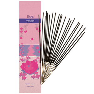 
            
                Load image into Gallery viewer, Image of Flore Canadian Incense Lavender package, featuring a prominent rose flower on a beach with smaller flowers around it.There are 20 incense sticks splayed beside it as every package contains 20 incense sticks. 
            
        