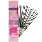 Image of Flore Canadian Incense Rose package, featuring a prominent rose flower on a beach with smaller flowers around it.There are 20 incense sticks splayed beside it as every package contains 20 incense sticks. 