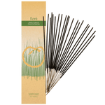 Image of Flore Canadian Incense Sweetgrass package, featuring a braid of sweetgrass in the green grass. There are 20 incense sticks splayed beside it as every package contains 20 incense sticks.